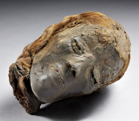 A mummified head with red hair from the collection at the National Museum of History and Art in Luxembourg