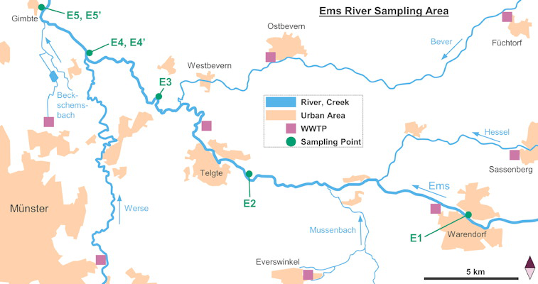 Map of the Ems River sampling area that shows the individual sampling points and the location of wastewater treatment plants