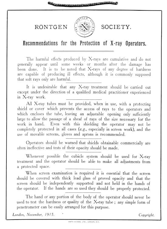The 1915 radiation protection recommendations