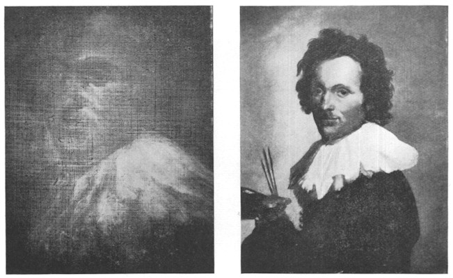 Portrait of an Artist by Frans Hals in original state and a radiograph of it when the paint was removed