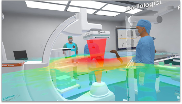 Demonstration of the radiation field and the radiation intensity in the 3D VR interventional suite